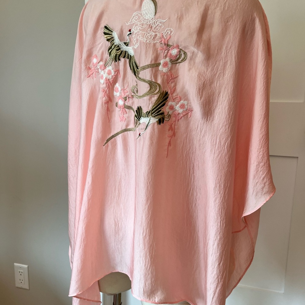 Cherry Blossoms! Pink Satin Top with Sakura and Egret Embroidery